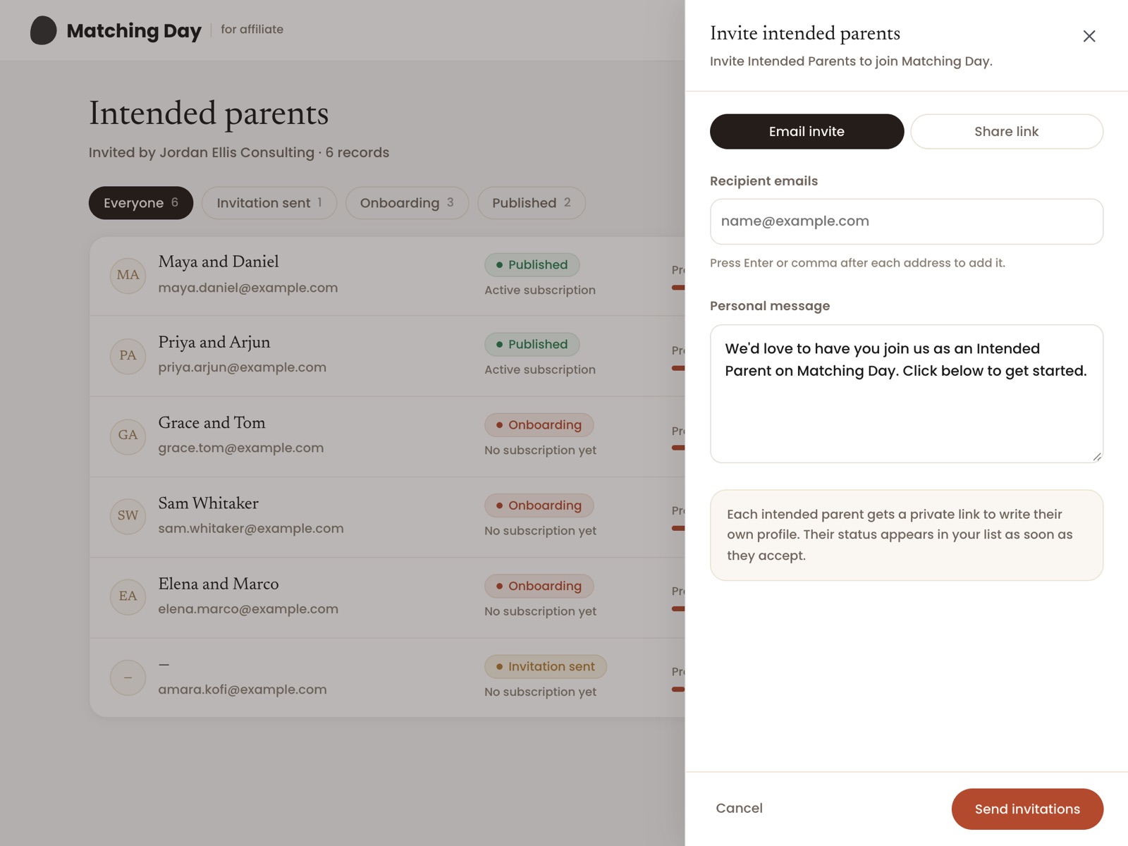 The affiliate dashboard's invite panel, with an email invite and a share-link option beside the list of intended parents