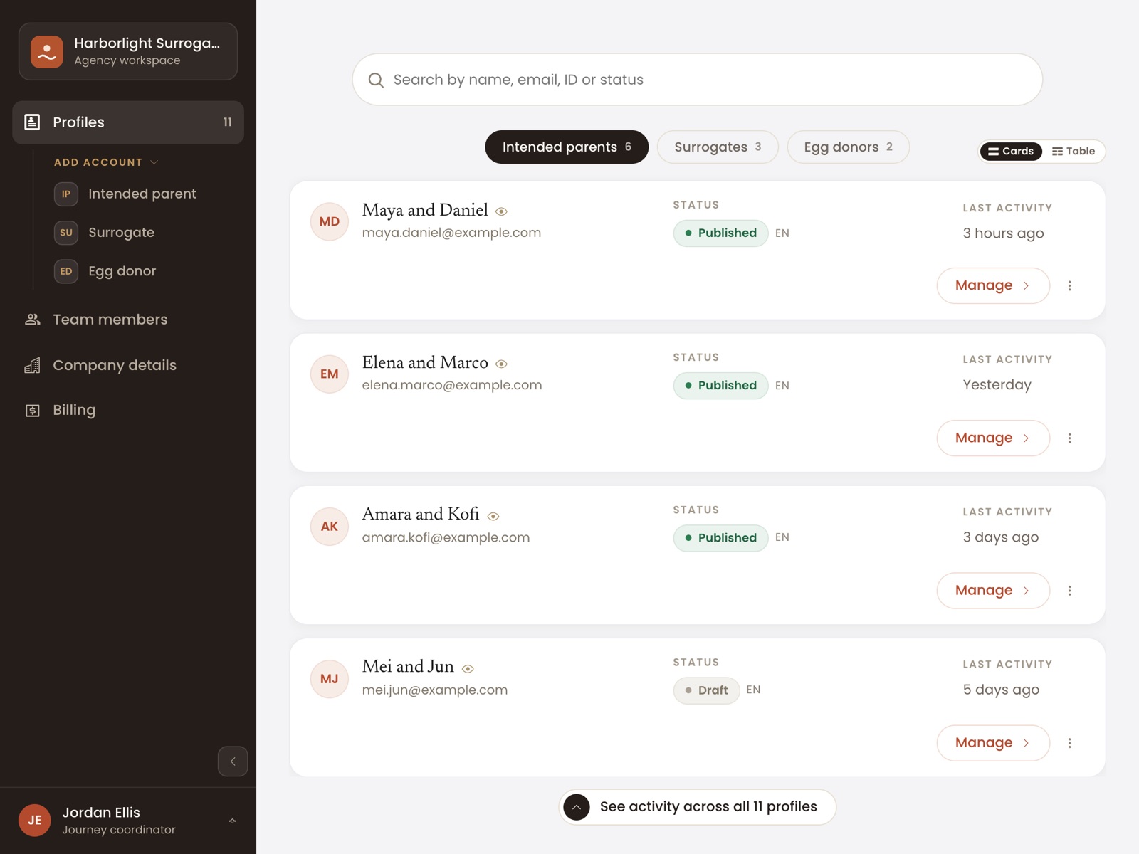 An agency's Matching Day dashboard with tabs for intended parents, surrogates and egg donors, listing each profile's status and last activity