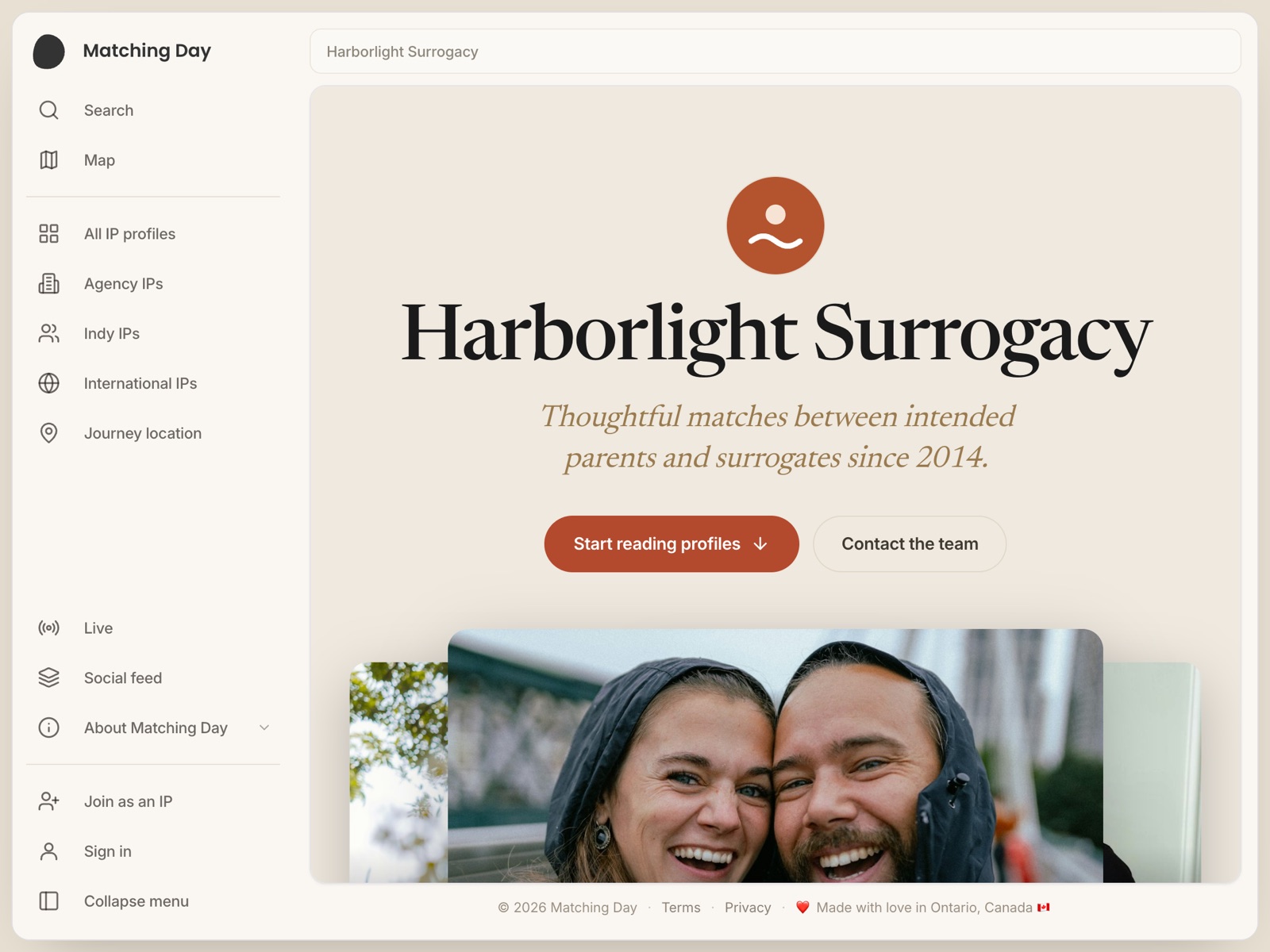 An agency's own page on Matching Day, with its logo, name and tagline, a contact button and a slider of the profiles it publishes