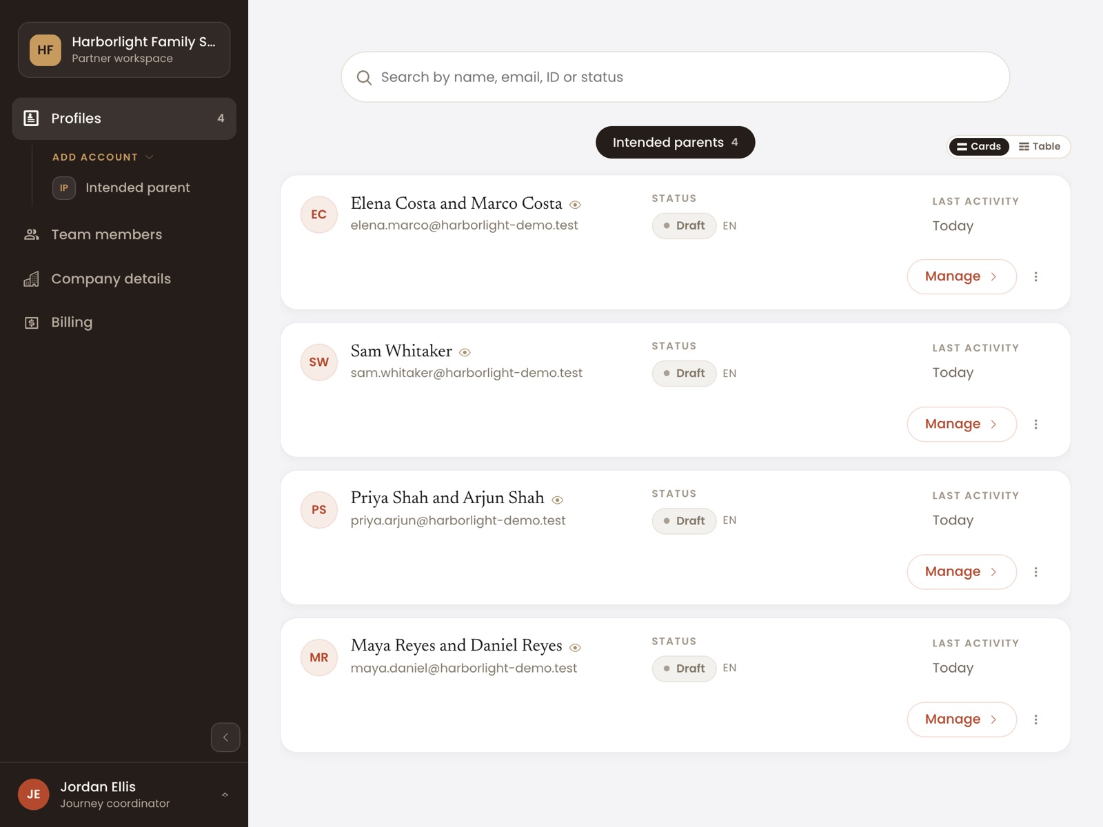 The Matching Day partner dashboard listing four intended-parent profiles, each with its status and last activity