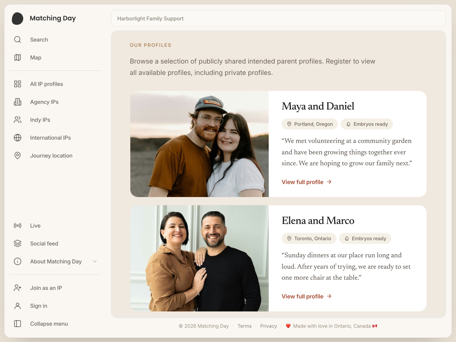 A partner's own page on Matching Day, listing intended-parent profiles with a photo, location and a line in their own words